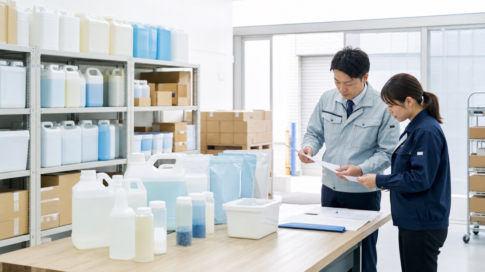 業務用洗剤・洗濯資材を確認しながら商品提案を行うスタッフ